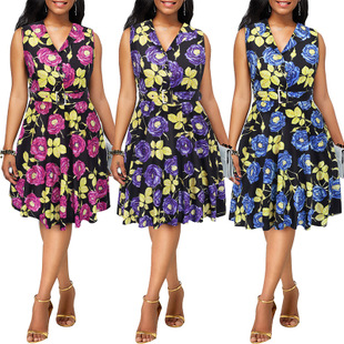 2025 spring and summer women's flower print A word skirt lapel sleeveless retro dress Hepburn wind skirt