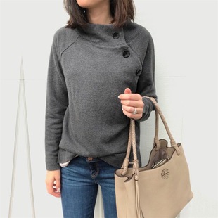 Autumn and winter new fashion round neck solid color button long-sleeved women's shirt sweater