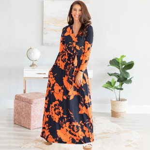2025 autumn and winter new long skirt printing fashion v-neck long sleeve women's dress