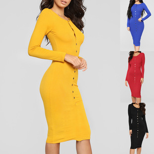 Autumn and winter new women's sexy fashion solid color button dress
