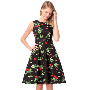 2025 spring new belt with cherry print in the skirt Hepburn vintage dress