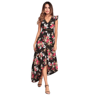 2025 spring and summer new flying sleeves irregular open back print dress sweet dress