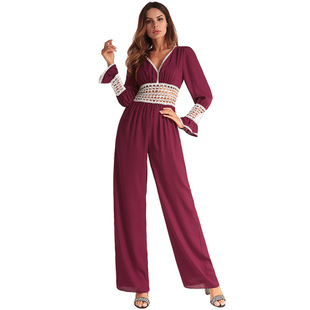 2025 spring new sexy halter ladies trousers hollow chiffon trousers wide tube conjoined wide-leg pants