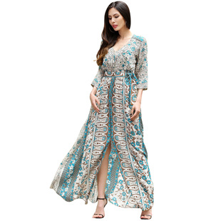 2025 spring and summer new V-neck sexy slit long skirt with printed dress