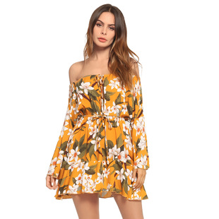 2025 new trumpet sleeve printed with a word shoulder dress short skirt holiday casual dress
