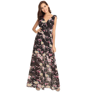 Dress high waist slim backless deep V printed chiffon vest dress