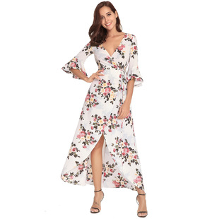 2025 printed dress V-neck short short long bohemian holiday dress