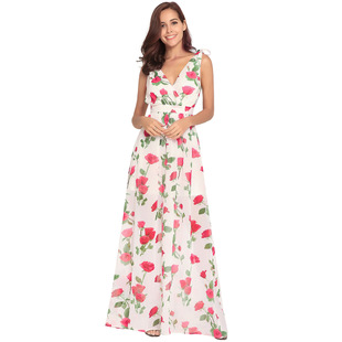 2025 new printed chiffon vest long skirt V-neck halter bohemian skirt