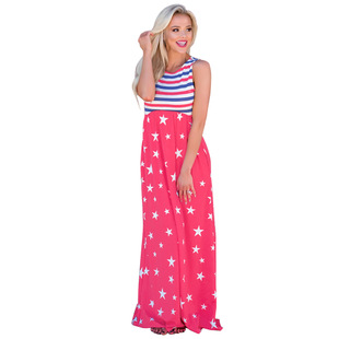 2025 star stitching striped waist long skirt round neck vest dress