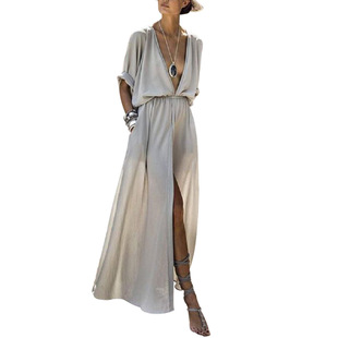 2025 new temperament ladies deep V sleeves split dress